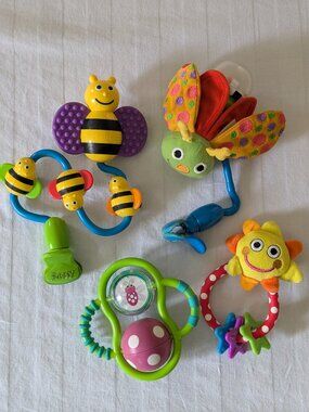 4 Infant & Toddler Sassy Teether, Stroller Clip-Ons, & Rattle Toys